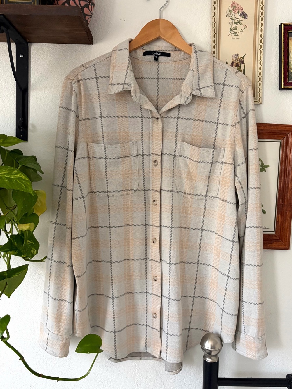Quince Stretch Sweater Fleece Shirt Button Down Knit Plaid - XL Women's